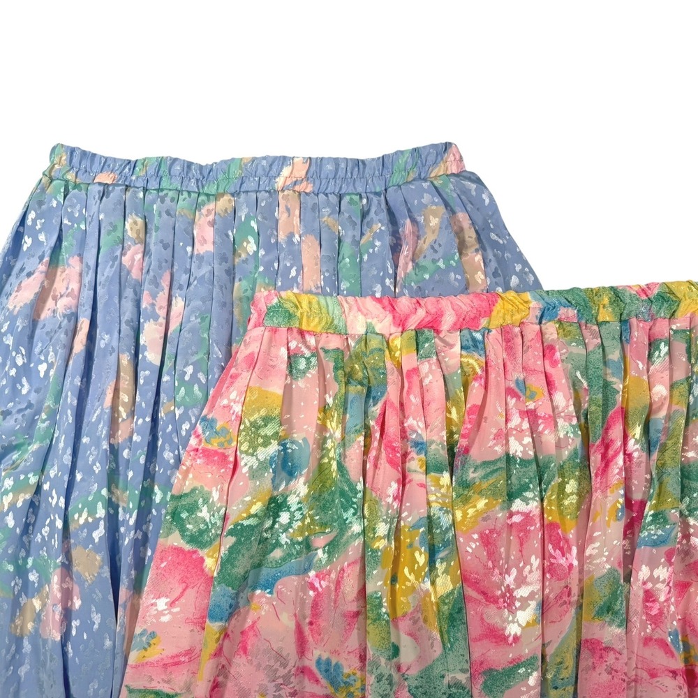 Andrea Gayle L Pink Blue Floral Pleated Midi Skirts Metallic Set Cottagecore